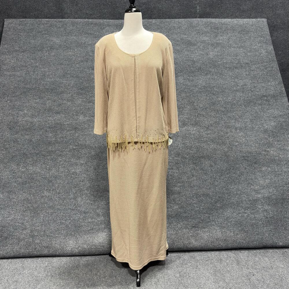 Joseph Ribkoff Skirt Suit Set Womens 14 Gold 3 Piece Beaded Fringe Evening